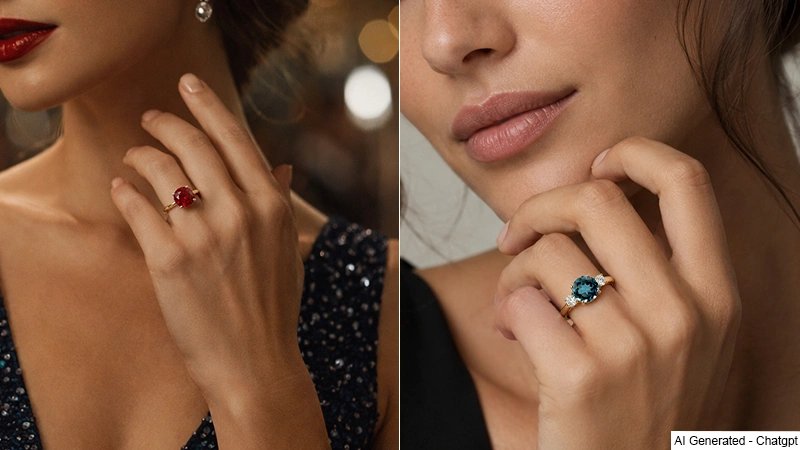 models wearing ruby jewelry and blue tourmaline jewlery