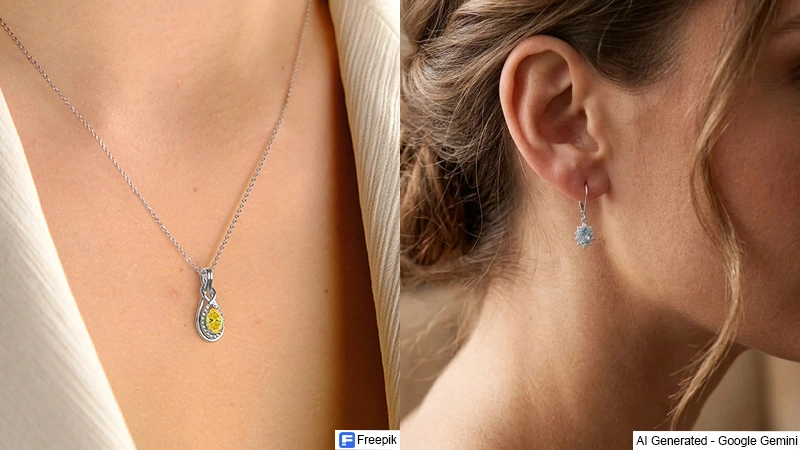 models wearing yellow diamond necklace and dangle earrings