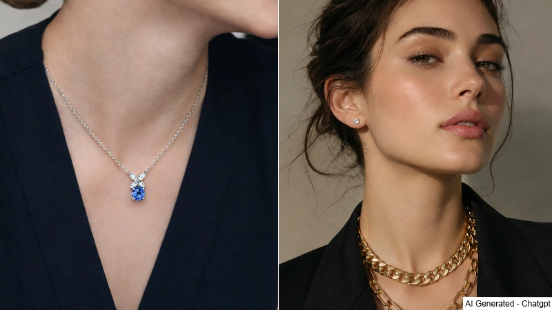 women wearing nature inspired necklace and studs and bold chains