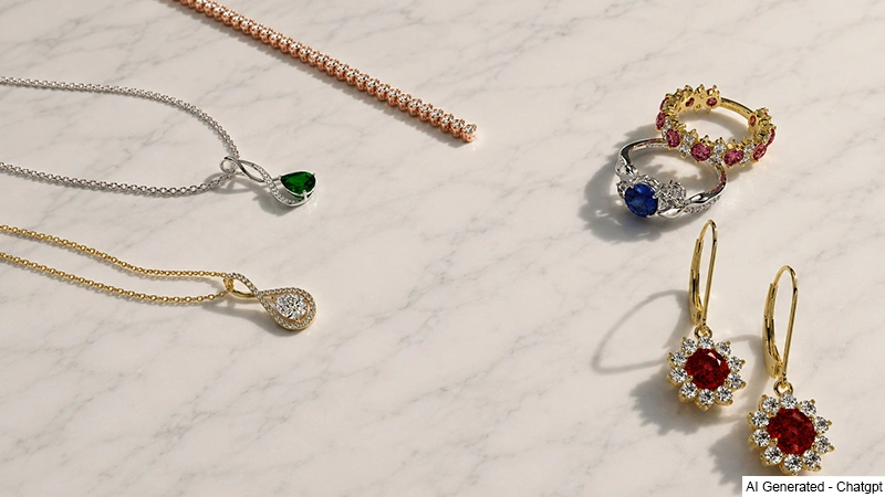 different diamond and colored gemstone jewelry pieces