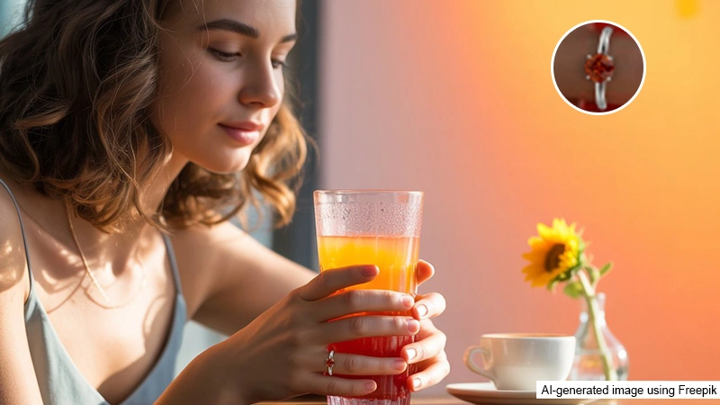 Hessonite Garnet Ring on Woman’s Hand in cafe