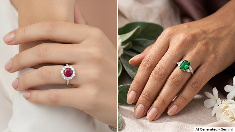 women wearing ruby rings, emerald rings
