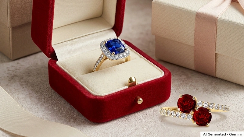 halo blue sapphire ring, two stone ruby ring