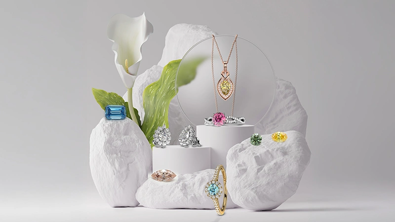 collage showing different styles of lab diamond jewelry