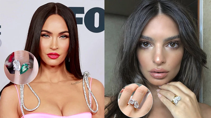 Megan Fox and Emily Ratajkowski wearing two stone engagement rings