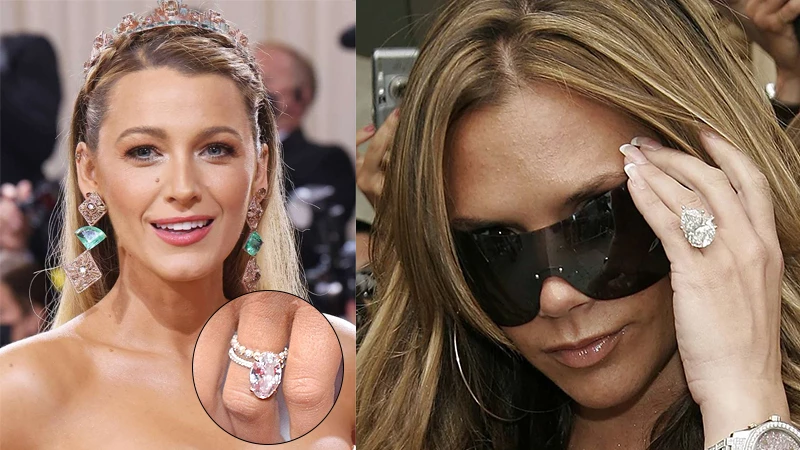 Blake Lively and Victoria Beckham wearing their pink diamond engagement rings