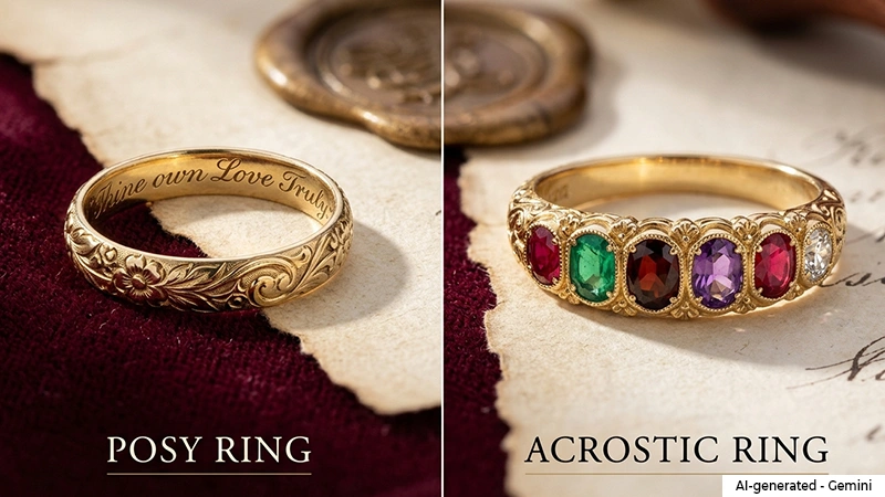 collage of posy rings and acrostic rings