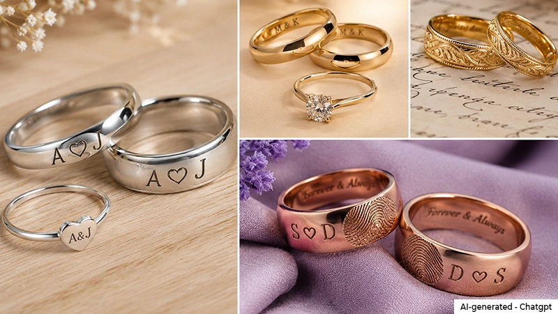 collage of different styles of couple rings