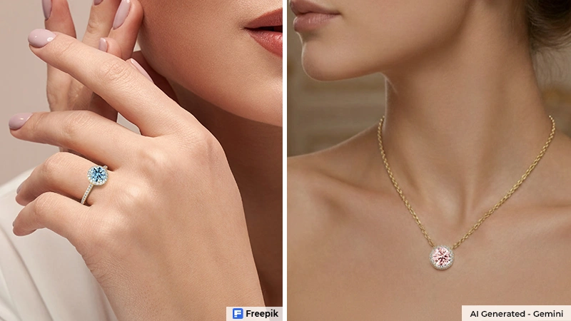 blue diamond ring & pink diamond pendant