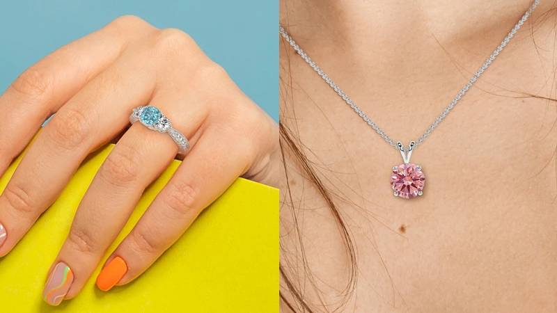 blue diamond ring & pink diamond pendant