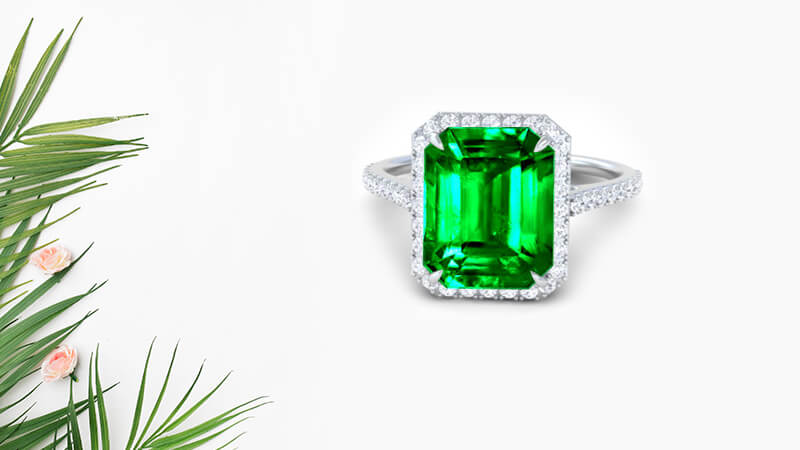 Emerald cut Halo ring setting with natural green emerald