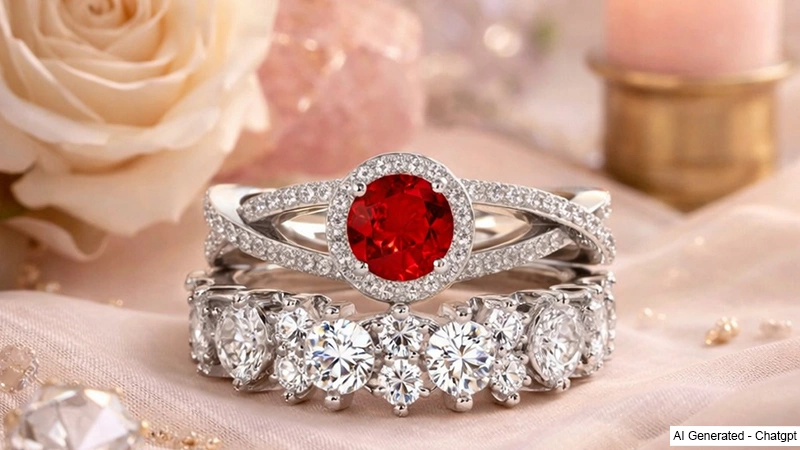 ruby engagement ring and diamond wedding band