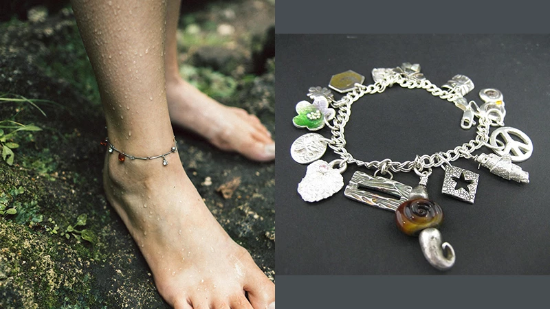 collage of a charm bracelet and a woman wearing a charm anklet on one of her feet