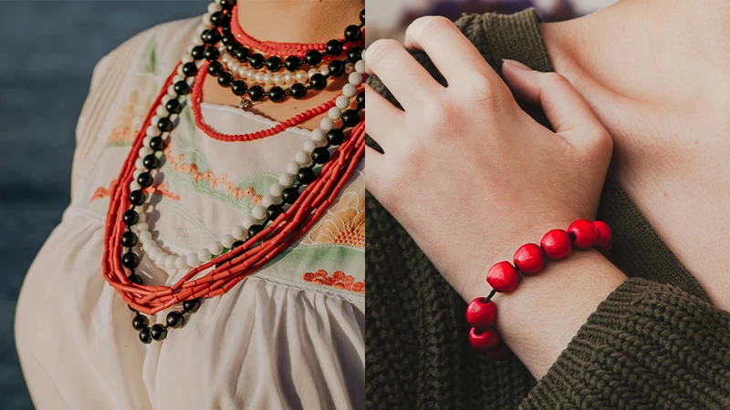 woman wearing a colorful beaded necklace and bracelet