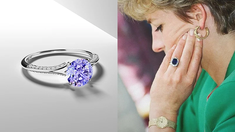 blue colored diamond halo ring and princess Diana blue sapphire ring