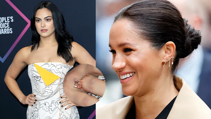 Camila Mendes in pink diamond ring and Meghan Markle in lab diamond earrings