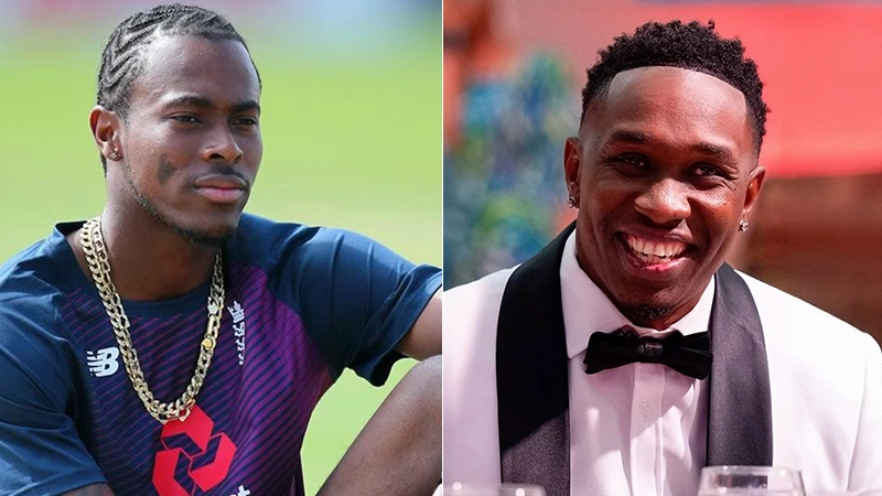 Jofra Archer & Dwayne John Bravo wearing necklace and earrings