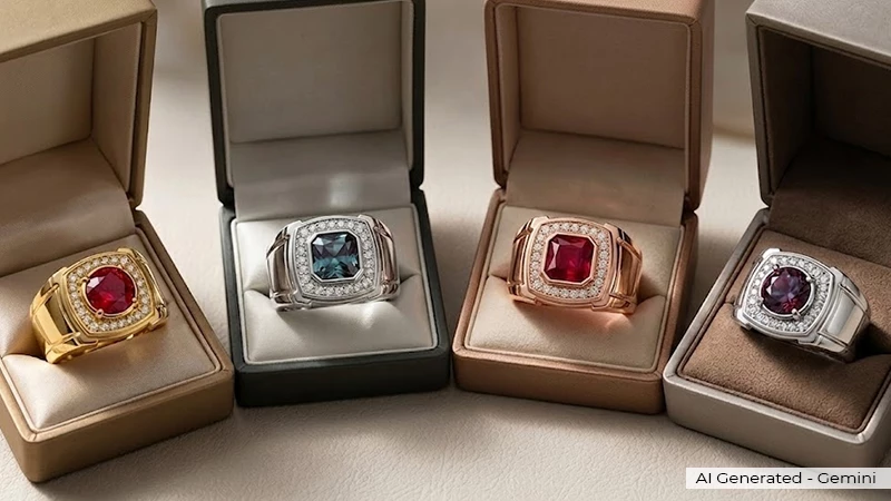men’s alexandrite ring and ruby ring set in different metals