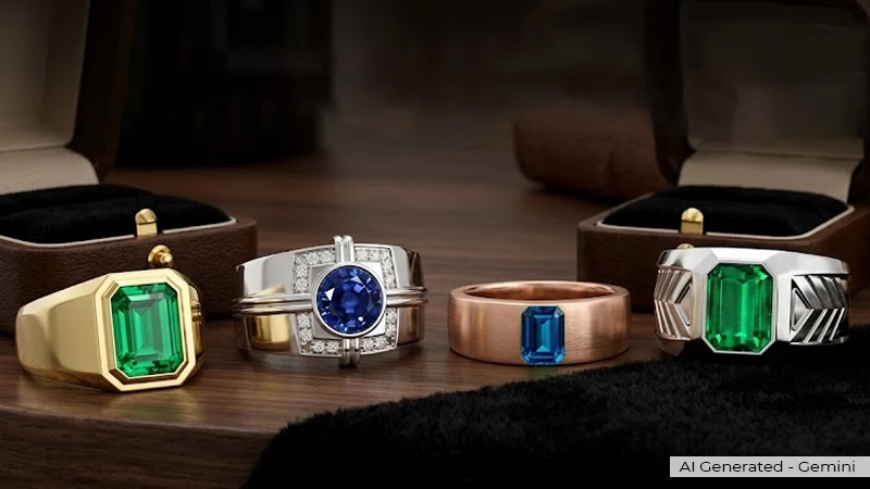 men’s emerald ring and sapphire ring set in different metals