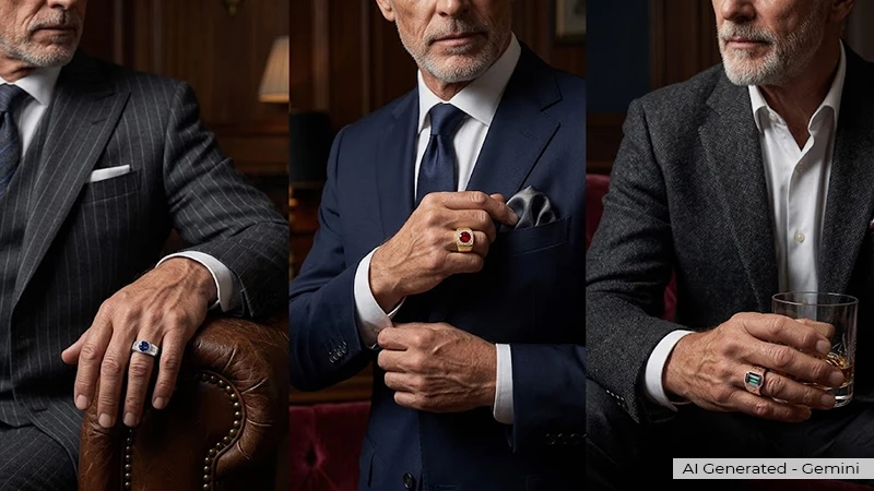 men wearing tailored suits and different gemstone rings