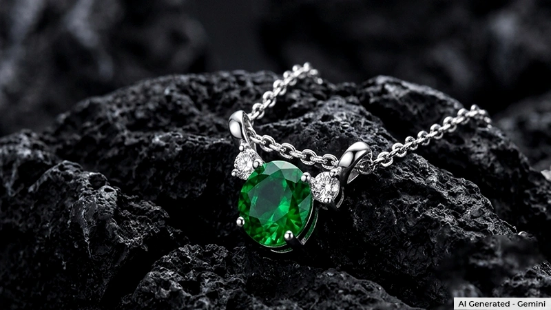 emerald pendant on an uneven black rock surface