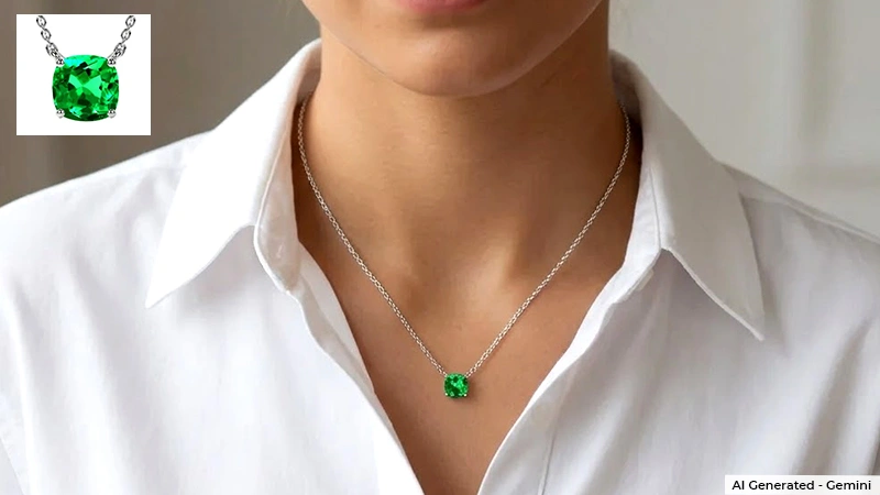white shirt women wearing emerald pendents