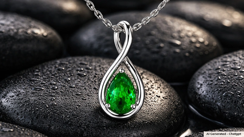 emerald pendant on a smooth black rock surface