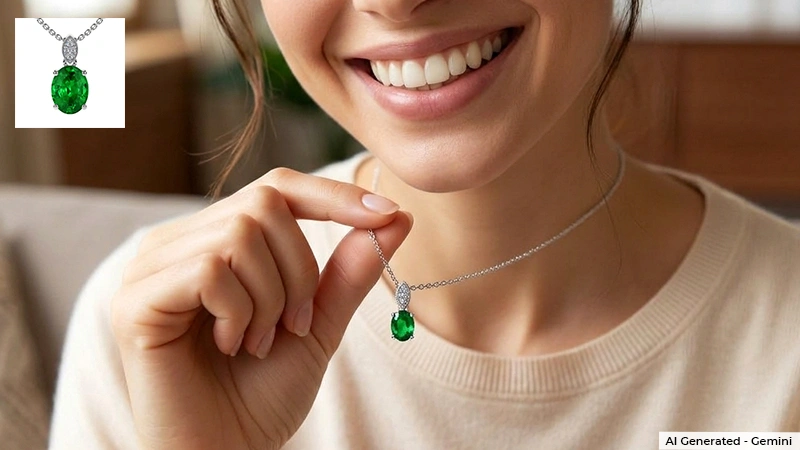 woman smilingly flaunting emerald pendant
