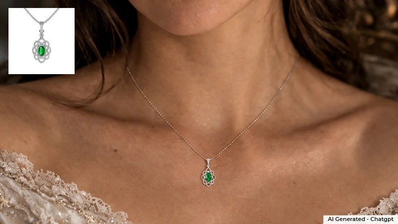 woman wearing emerald pendant