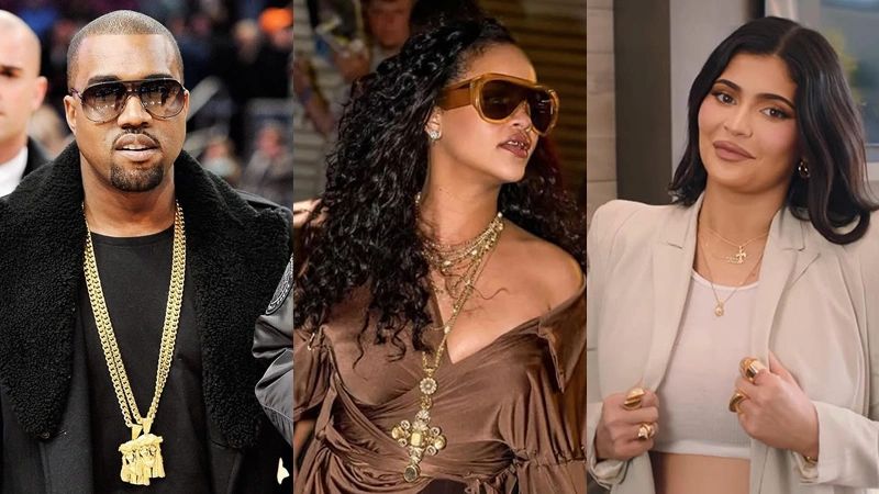 Kayne West, Rihanna and Kylie Kardashian wearing gold jewelry
