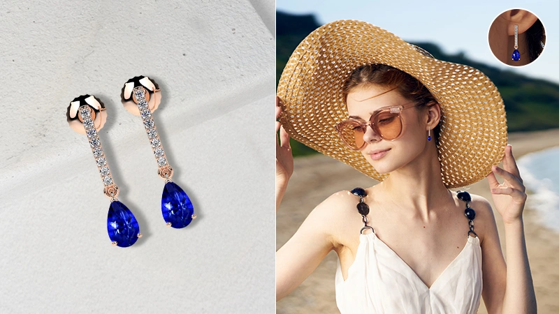 Lab-Grown Pear-Cut Blue Sapphire Dangle Earrings with Diamond Accents