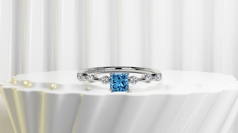 Princess-Cut Blue Lab Diamond Ring With Bar-Set Diamond Band