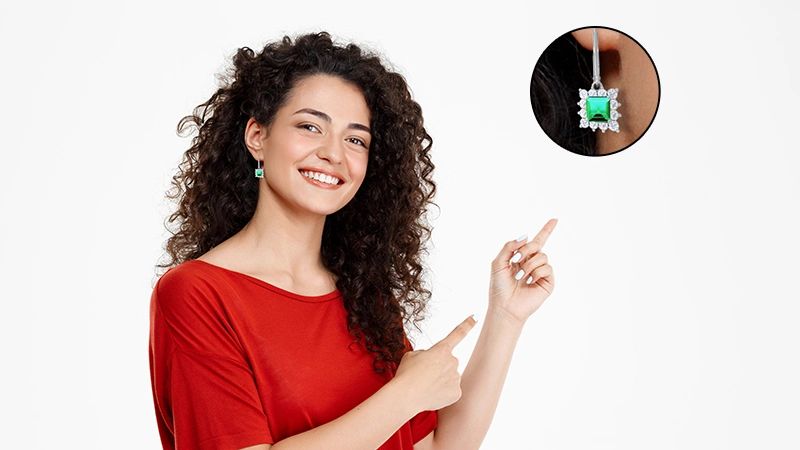 Square-Cut Lab-Grown Emerald Drop Earrings with Natural Diamond Halo For Graduation Day