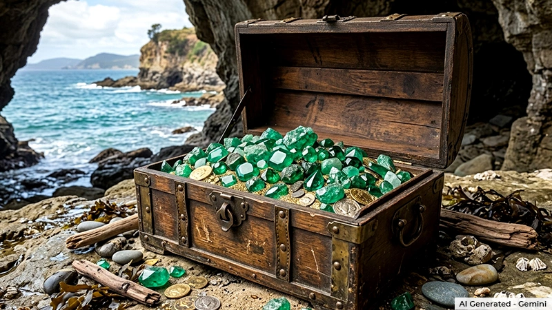 treasure chest filled with loose emeralds
