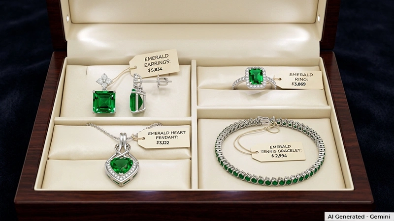 jewelry box with different emerald jewelry