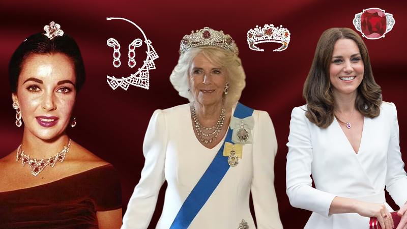 Elizabeth Taylor wearing Cartier ruby necklace, The Duchess of Cambridge wearing ruby tiara and the Sunrise Ruby