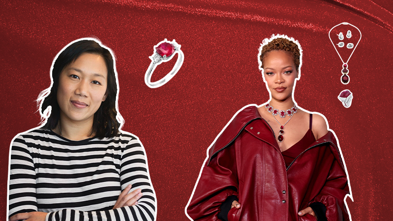Priscilla Chan wearing her ruby engagement ring and Rihanna wearing her ruby jewelry