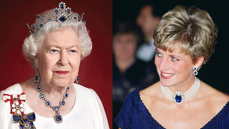 Queen Elizabeth and Princess Diana wearing sapphire jewelry