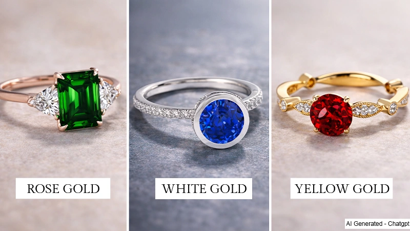Rose Gold, White Gold, and Yellow Gold Metal in Diffrent Gemstone Rings