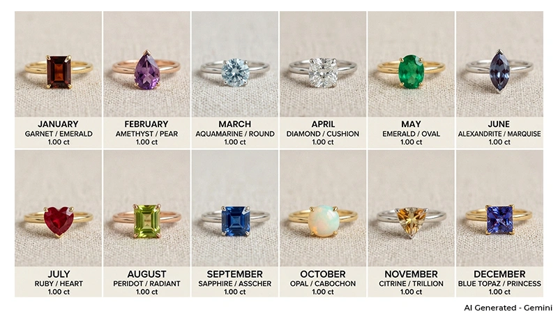 collage showing different birthstone rings