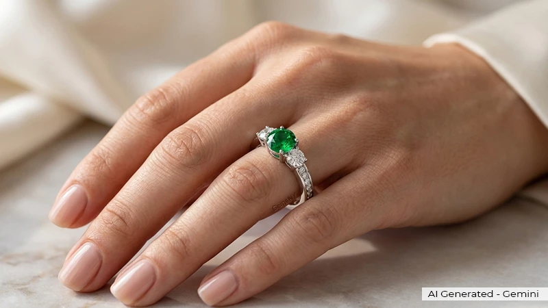 woman flaunting her emerald three-stone ring