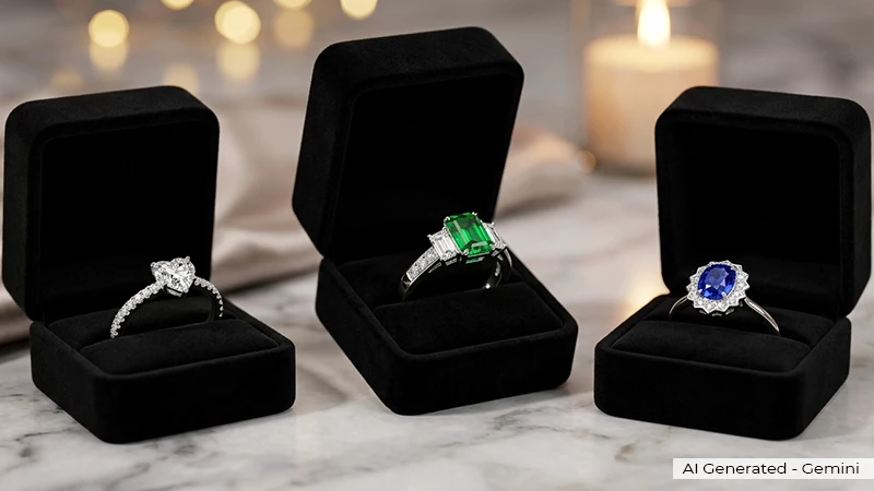 Emerald, diamond and sapphire gemstone rings in black velvet boxes