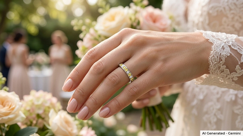 women wearing beautiful yellow sapphire wedding band