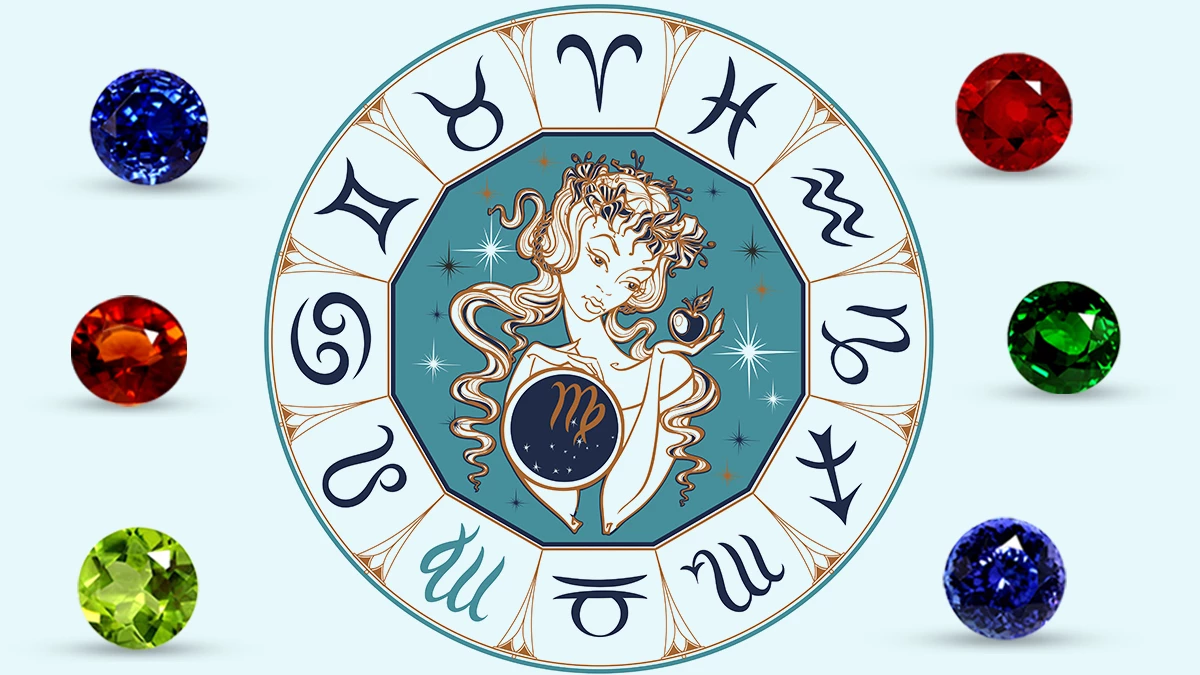 sagittarius girl zodiac surrounded by different gemstones
