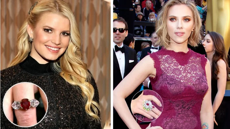Jessica Simpson and Scarlett Johansson wearing ruby rings