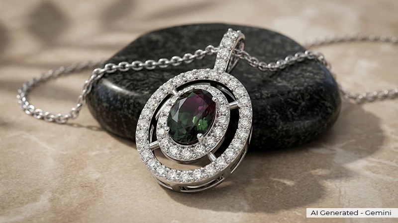 Double Halo Trellis Alexandrite Drop Pendant