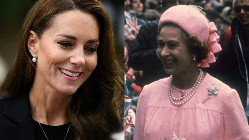 Kate and Queen wearing the pearl and diamond earrings in collage