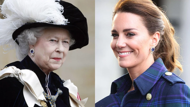 collage of Kate and Queen wearing the sapphire earrings in collage with a blue sapphire teardrop earrings