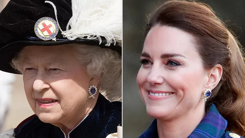 Kate and Queen wearing the sapphire earrings