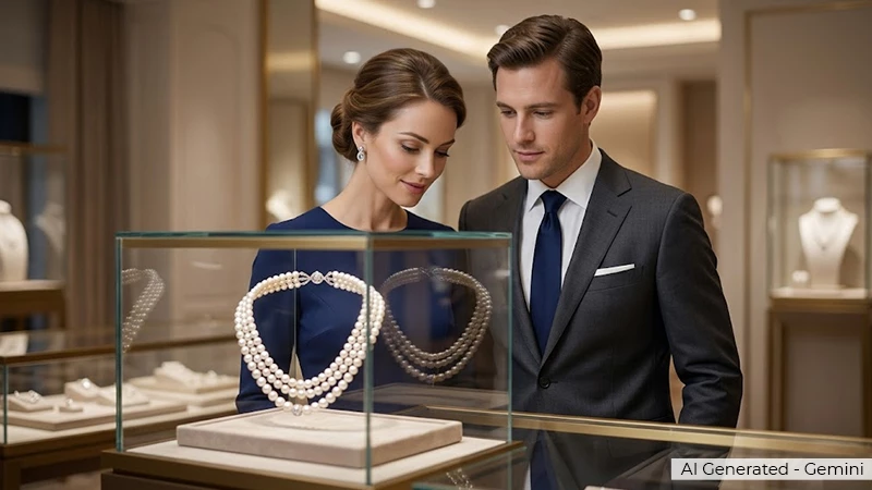 Couple gazing at Pearl Necklace